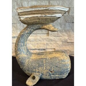 Whale Small Pillar Candle Holder Coastal Nautical Resin Distressed Blue Ocean